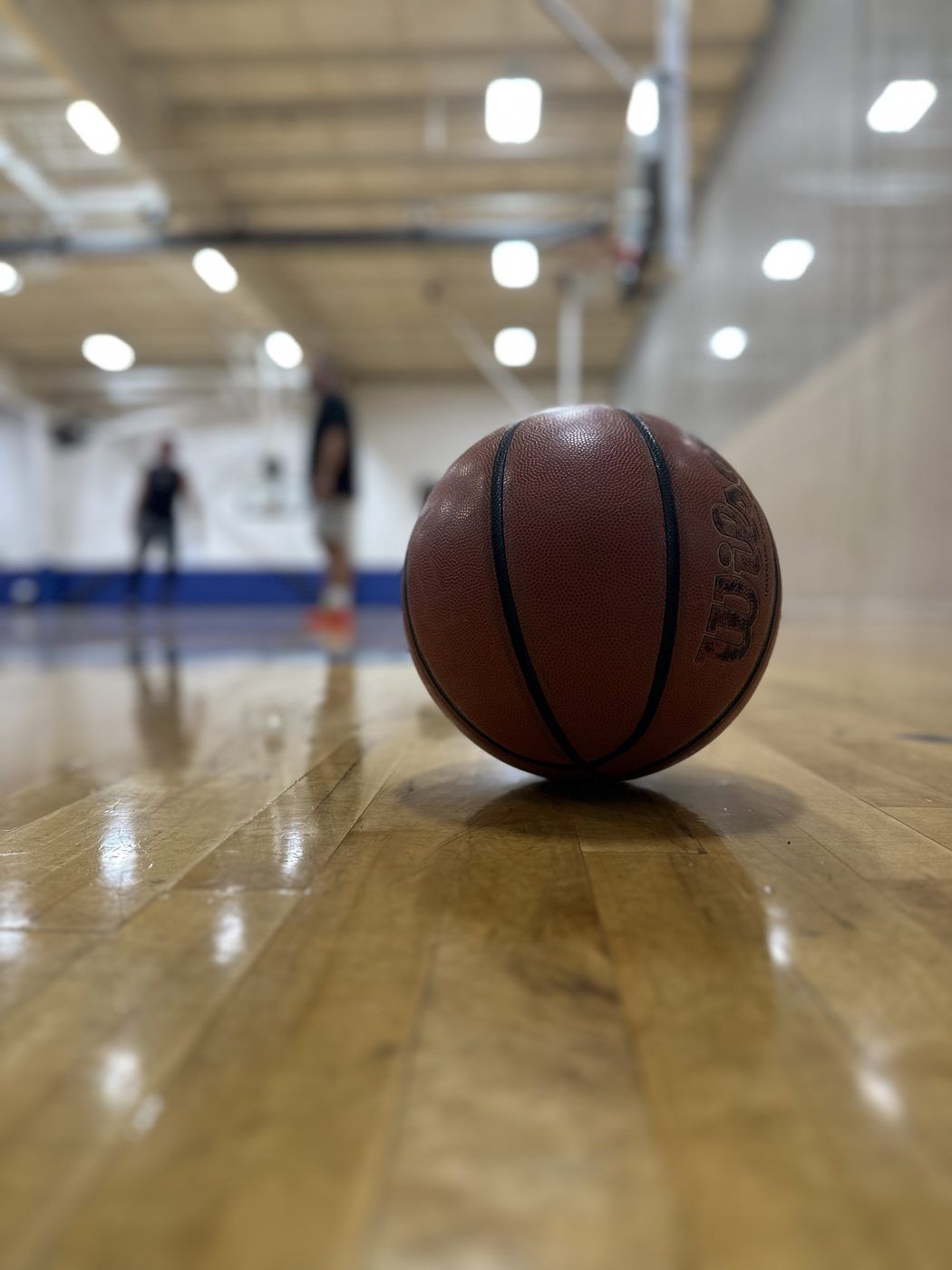 A basketball resting on a gym floor