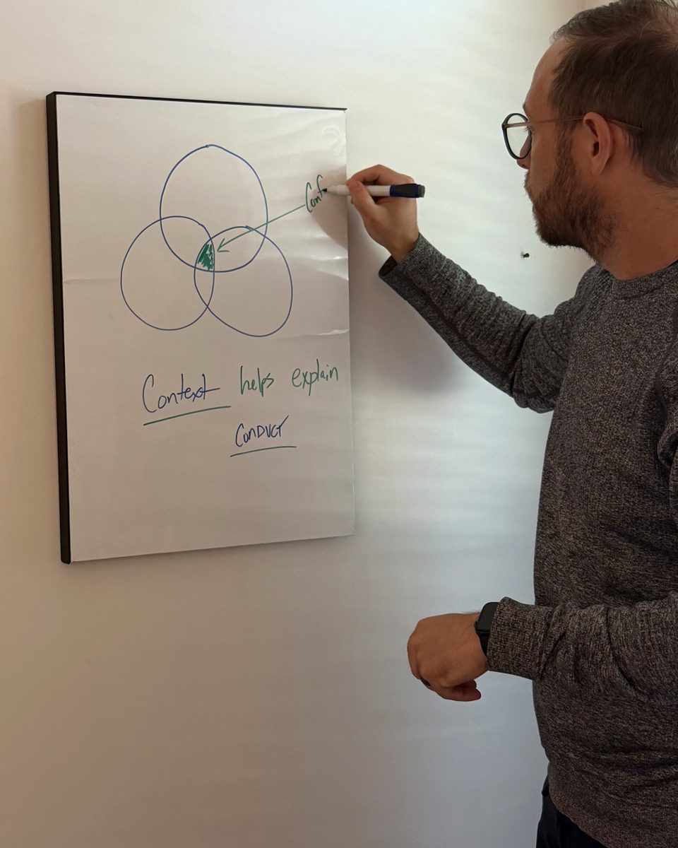 Aaron writing Confidence at the center of the diagram on a whiteboard